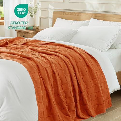 Whale Flotilla Checkered Knit Throw Blanket for Couch, Soft Decorative Knitted Blankets for Sofa Bed, Lightweight Cozy Throws for Spring Summer, 50x60 Inch, Burnt Orange - color: Burnt Orange, size: 50x60 Inch