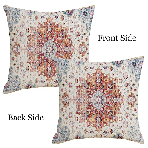 Boho Throw Pillows Cover 20x20 Inch Orange Blue Teal Ethnic Carpet Pillow Covers Set of 2 Coral Floral Linen Decorative Pillow Cases Farmhouse Cushion Cover for Outdoor Living Room Couch Sofa Decor | Set of 2 Coral Floral Decorative Pillows Cover Spring F