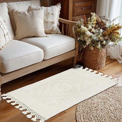 COTTON CRAFT Woven Area Rug - 2 Pack Cotton Jacquard Textured Rug - Boho Farmhouse Rustic Throw Rug with Fringe - Machine Washable Accent Mat for Bedroom Living Room Entryway Nursery - 20x32 - Ivory - color: Ivory - 2 Pack, size: 1'8" x 2'8" (Rectangular)