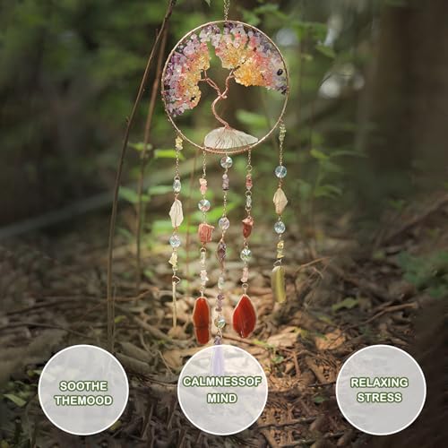 Agate Moon Dream Catchers with Crystal Color Gemstone Dream Catchers Natural Tree of Life Gem Agate Wall Hangings Room Garden Dreamcatchers Decor (Color) - color: Dusk