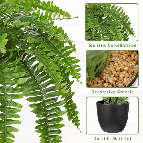 Hollyone Artificial Fern Plants in Pot 25.5" Artificial Boston Fern 31 Leaves for Outdoors & Indoor Faux Potted Plant Fake Ferns Bush Plant for Patio Garden Farmhouse Porch Home Decor Green - color: Black Pot - Green Medium