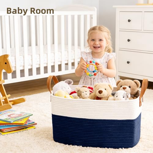 BOLDMONKEY 72L Laundry Basket with Leather Handles,Woven Cotton Rope Blanket Basket,Toy Bin for Baby Room,Laundry Hampers for Bedroom, Living Room,Bathroom,22"x17"x11.8" Navy - color: Navy, size: 72L