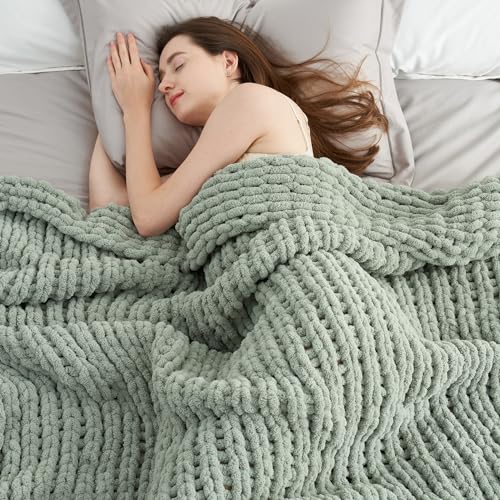 Amélie Home Chunky Knit Throw Blanket for Couch, Soft Chenille Handmade Crochet Throw Rope Knot Blanket for Couch, 50"x60", Sage Green - color: Sage Green, size: 50"x60"