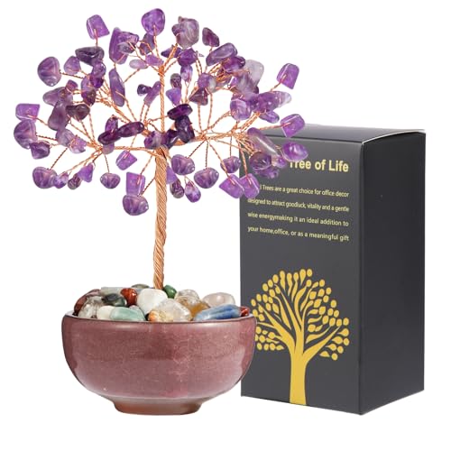 Amethyst Crystal Tree with Ceramic Base,Natural Gemstone Feng Shui Money Tree for Wealth,Good Luck & Positive Energy,Handmade 5 Inch Healing Abundance Bonsai for Home Office Decor - color: Amethyst Vase Tree-2
