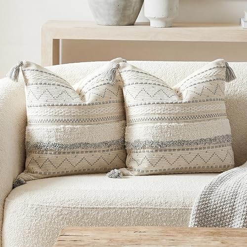 BlissBlush Gray Decorative Throw Pillow Covers 20x20 Combo Set of 2 Square Boho Neutral Grey Accent Pillowcase Tassels Farmhouse Cushion for Couch Sofa Bedroom Living Room Home Décor Cover ONLY - color: Gray, size: 20" x 20" (Pack of 2)
