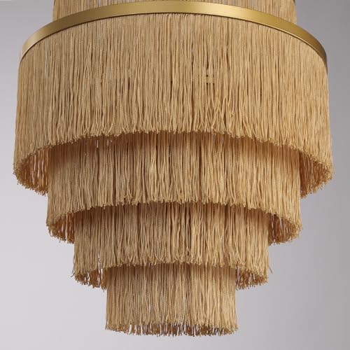 5-Tiered Boho Chandelier with Metal and Fringe,3 Lights Fringe Pendant Light Fixture,Tassle Chandelier for entryway,Dining Room,Baby Nursery,Gold - color: 5-Tiered-Gold