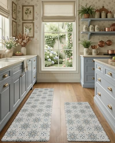 LUMI Anti-Fatigue Kitchen Floor Mats Set of 2,Cushioned Comfort Standing Rug Waterproof 2PCS, Non-Slip Ergonomic Foam Runner for Sink, Laundry, Office & Home,17x29+17x59, - color: Beige and Blue, size: 59"L x 17"W x 0.4"Th + 30"L x 17"W x 0.4"Th
