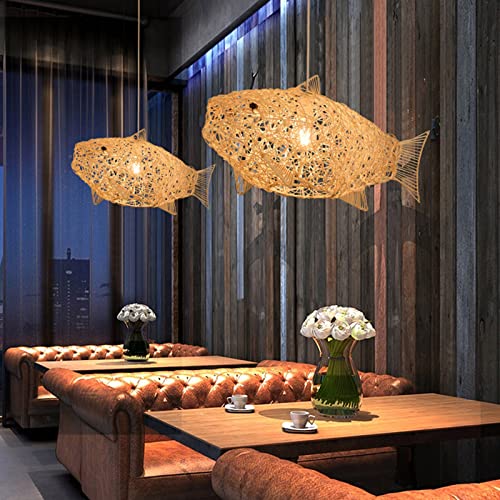 Hand-Woven Bamboo Pendant Light, Lantern Lamp Rattan Single Light Weaving Natural Wooden Ceiling Hanging Fixture with Adjustable Cord for Kitchen Dining Living Room Restaurant Farmhouse (Fish Style) - color: Fish Style