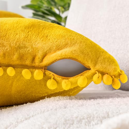 PAVILIA Mustard Yellow Throw Pillow Covers with Pom Pom 18x18 Set of 2, Decorative Pillow Cases for Bedroom Aesthetic, Small Throw Pillows Set for Bed, Velvet Euro Plush Cushion Covers for Sofa Couch - color: Mustard Yellow, size: 18" x 18" (Pack of 2)