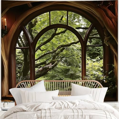 Apdidl Forest Window Tapestry for Bedroom, Nature Green Tree Medieval Large Wall Mural Tapestries Aesthetic, Vintage Outdoor Landscape Backdrop Wall Hanging for Living Room Curtain Decor (51" X 60") - color: B-Window Forest Tapestry, size: 60"L x 51"W