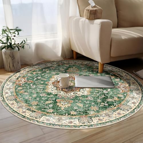 Green Round Rug 5ft, Circle Boho Area Rugs for Bedroom Living Room Bedside,Washable Vintage Bohemian Distressed Oriental Floral Carpet Non Slip,Retro Sage Floral - color: Green, size: 5'x5'