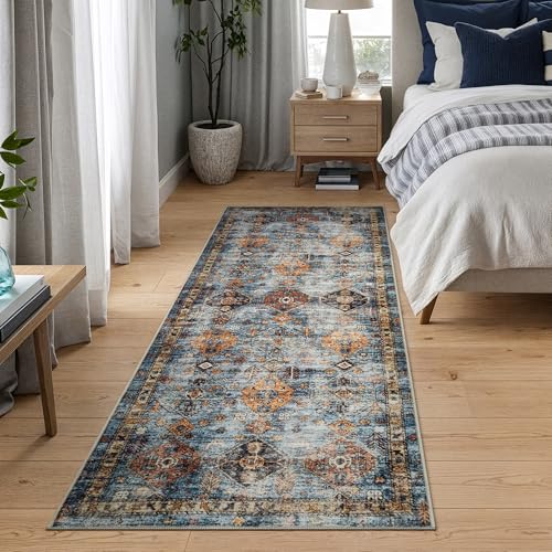Bloom Rugs Washable Non-Slip 7 ft Runner - Blue/Orange Traditional Bordered Runner for Entryway, Hallway, Bathroom, and Kitchen - Exact Size: 2.5' x 7' - color: Blue / Orange, size: 2'6" x 7' (Runner)
