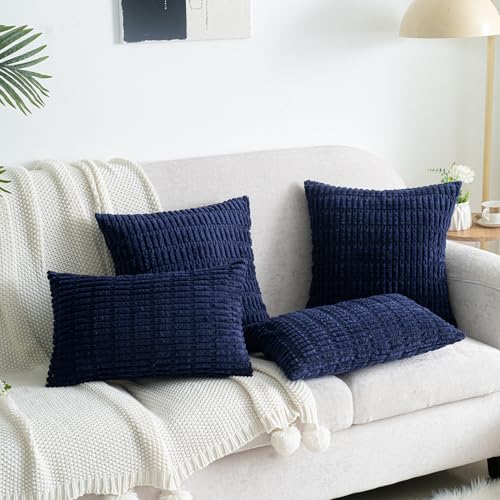 Pack of 2 Corduroy Decorative Throw Pillow Covers 16x16 Inch Soft Boho Striped Pillow Covers Modern Farmhouse Home Decor for Summer Coastal Sofa Living Room Couch Bed Dark Blue - color: Navy Blue, size: 16" x 16" (Pack of 2)