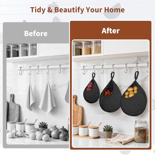 3 Pack Boho Decor Hanging Fruit Baskets for Kitchen, Hand-woven Cotton Wall Storage Hanging Baskets with Hooks 3 Sizes, Hanging Holder Teardrop Produce Basket for Fruit Vegetable Potato Onion, Black - color: Black, size: 3 Pack