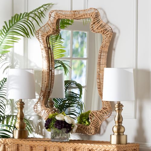 Bali & pari Yusra Natural Rattan Wall Mirror – Handwoven Wicker Frame with Freeform Silhouette, Coastal Boho Wall Decor for Entryway Bedroom or Living Room