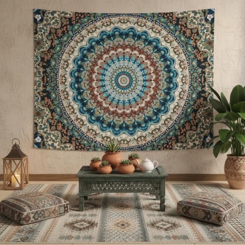 Motanber Boho Mandala Tapestry Wall Hanging Bohemian Medallion Tapestry Aesthetic Vintage Floral Hippie Indian Cool Small Tapestries for Bedroom Living Room Dorm Decor 60 x 44 Inch - color: Blue Beige, size: 60"L x 44"W