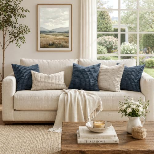 MIULEE Pack of 2 Corduroy Decorative Throw Pillow Covers 16x16 Inch Soft Boho Striped Pillow Covers Modern Farmhouse Home Decor for Summer Coastal Sofa Living Room Couch Bed Blue - color: Blue, size: 16" x 16" (Pack of 2)