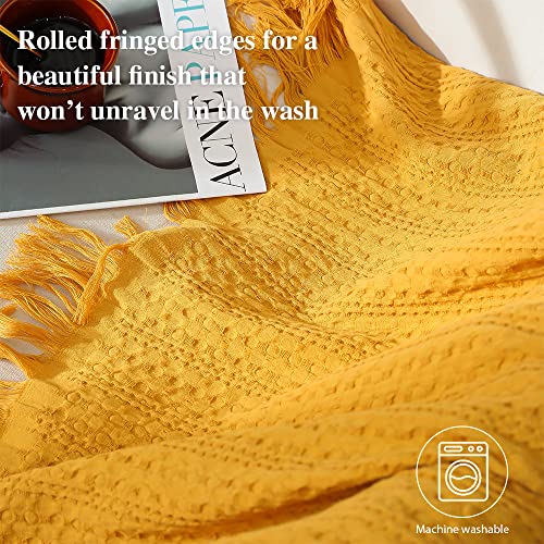Simple&Opulence 100% Cotton Throw Blanket for Couch, Bed, Waffle Weave Knit Blanket with Tassels, Soft Lightweight Pre-Washed Breathable Cozy Blanket Farmhouse Decoration for All-Season (Gold Yellow) - color: Yellow