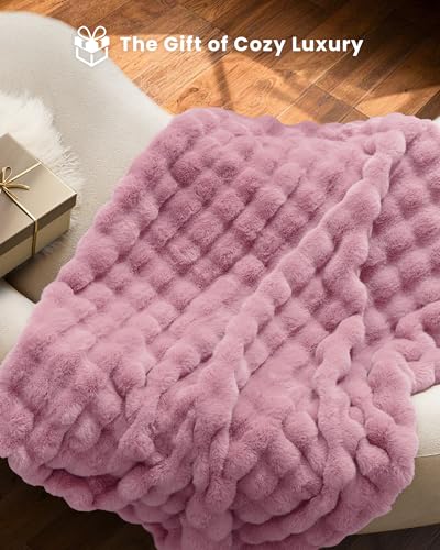 Ultra Soft Cozy Faux Fur Throw Blanket, Fuzzy Plush Thick Bubble Blanket, Oversize Luxury Fluffy Blanket for Couch, Bed, and Living Room, 60x80 Inches, Pink - color: Pink, size: Twin