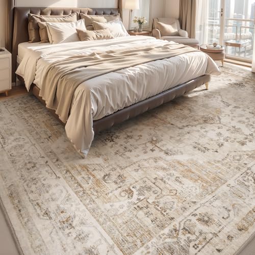 AMOAMI-Area Rug 9X12 Rugs for Living Room-Vintage Soft Beige Rugs for Bedroom-Non Slip Carpet-Washable Rug for Dining Room Living Room Bedroom Office Under Table - color: Beige, size: 9' x 12' (Rectangular)
