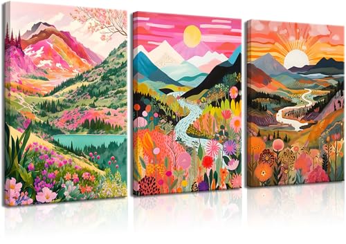 3Pcs Colorful Watercolor Mountain Canvas Wall Art Boho Floral Painting Picture Wall Decor Abstract Nature Landscape Poster Print Artwork for Living Room Bedroom Bathroom Office Home Decoration 12x16in - color: Colorful Mountain Canvas, size: 12x16 in