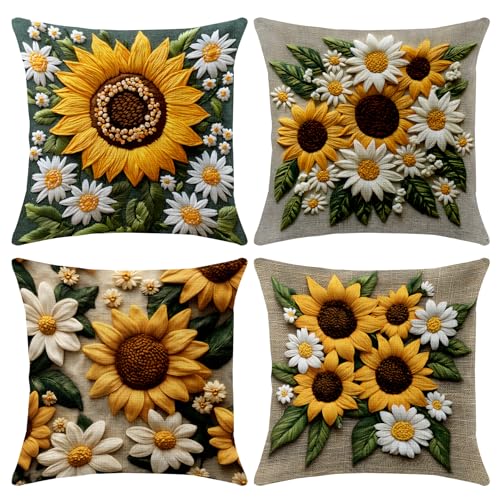 BVBOX Set of 4 Linen Throw Pillow Covers 18"x18", Soft Flax Sunflowers Decorative Pillow Cases, Double-Sided Modern Pillow Covers for Bed, Sofa, Couch, Living Room, Bedroom - color: Sunflower