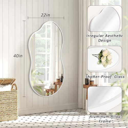 JJUUYOU Mirrors for Wall Metal Framed Decorative Irregular Large Mirrors 22"x40" Asymmetrical for Bathroom Bedroom Living Room Dressing Room Entryway White - color: White, size: 40"L x 22"W
