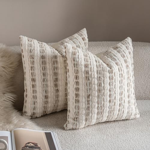 Caflife Boho Throw Pillow Covers 18x18 Inch Set of 2, Farmhouse Beige Striped Textured Chenille Decorative Couch Pillow Cases, Rustic Accent Cushion Covers for Sofa Bed Living Room Bedroom - color: Beige, size: 18" x 18" (Pack of 2)