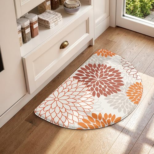KIMODE Half Circle Kitchen Mats for Floor Cushioned Anti Fatigue,18" x 28" Semi Round Dahlia Boho Kitchen Rug Non Slip,Waterproof Kitchen Carpet Decor Standing Mat for Sink Laundry Bathroom,Orange - color: Multi Orange, size: 28" x 18" (1 PC)--0.47 inches