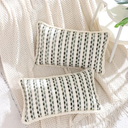 LUOYEHK Chenille Striped Throw Pillow Covers 12x20 Inch Set of 2 Boho Decorative Pillowcases with Fringe Farmhouse Neutral Dark Green Cushion Covers for Couch Sofa Bed Living Room - color: Green Gray, size: 20" x 12" (Pack of 2)