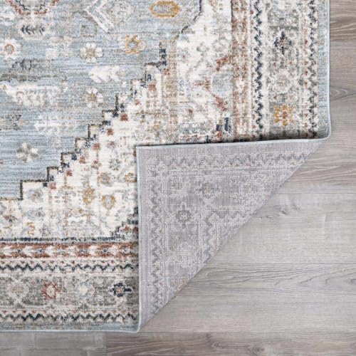 Hauteloom Balfour Area Rug - Medallion Geometric Border Diamond Distressed - Traditional Oriental Turkish Transitional Tribal - Ice Blue, Off White, Light Slate, Blue, Gray - 2' x 2'11" - color: Ice Blue, Off White, Light Slate / Kouta, size: 1'11" x 2'11
