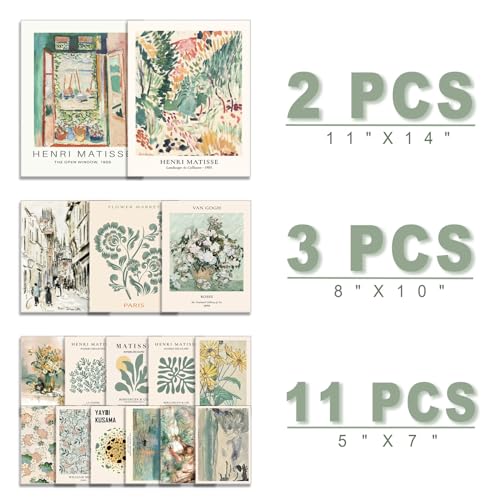 ANERZA 16 PCS Sage Green Wall Art Decor, Matisse Wall Prints for Bedroom, Abstract Posters for Room Aesthetic, Wall Collage Kit Pictures for Living Room, Eclectic Boho Vintage Dorm Gallery Home Decor - color: Sage green, size: 11"x14" Unframed