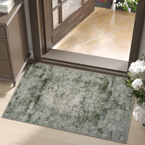 jinchan Green Floral 2x3 Rugs for Entryway - Vintage Washable Area Rug Ultra-Thin Low-Pile Soft Small Non-Slip Distressed Doormat for Entrance Kitchen Bedroom Bathroom (2x3ft,Forest Green) - color: Fairyland Forest Green, size: 2' x 3' (Buttery Soft)