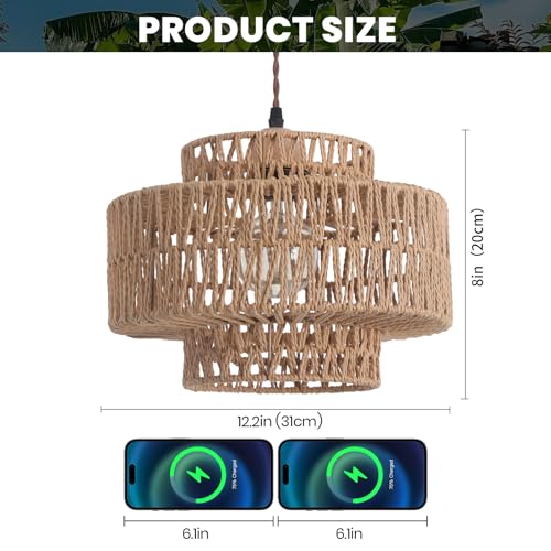 Rattan Plug in Pendant Light Boho Hanging Lights with Plug in Cord,Farmhouse Pulley Pendant Light with On Off Switch for Bedroom Living Room.