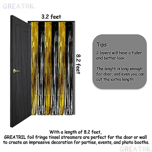 Black and Gold Party Streamers Decoration - GREATRIL Foil Fringe Backdrop for 2026 NYE/Anniversary/Farewell/Cocktail/Prom/EID/Birthdays - 3.2ft X 8.2ft - 2 Packs - color: Black Gold