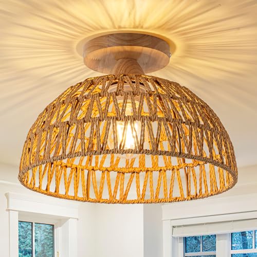 2 Packs Boho Light Rattan Chandelier Ceiling Lighting Fixtures,Boho Lamp Shade Flush Mount Ceiling Light Hand-Woven Small Chandelier for Hallway Bedroom Kitchen Nursery Lights - color: Brown-Ceiling light (2 sets)