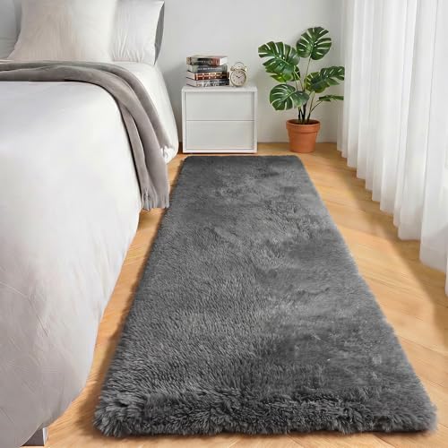 ONASAR 2x6 Grey Runner Rugs for Bedroom Living Room, Fluffy Bedside Hallway Throw Area Rug, Gray Ultra Soft Plush Furry Floor Carpet Mat for Nursery Kids Dorm Closet Home Decor Aesthetic - color: Grey, size: 2' x 6' (Runner)