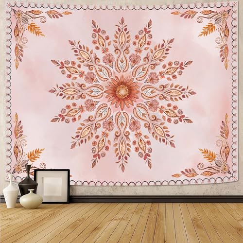 Neasow Mandala Tapestry, Aesthetic Boho Floral Wall Decor, Bohemian Cute Pink Tapestries for Bedroom Living Room, Women Girly Art 44×60 inches - color: Pink, size: 60"L x 44"W