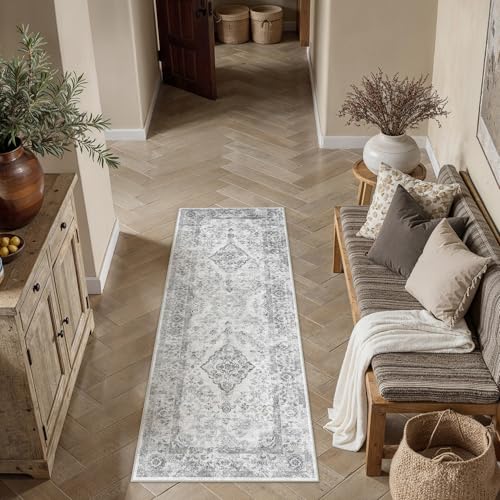 PureCozy Grey 2x6 Runner Rug for Hallway Washable Vintage Floral Medallion Soft Long Carpet Low Pile Non Slip Distressed Indoor Doormat for Kitchen Laundry Dining Living Room - color: Grey, size: 2' x 6' (Runner)