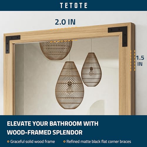 TETOTE 24 x 36 Natural Wood Framed Mirror for Bathroom Wall/Bedroom/Living Room/Entryway Farmhouse Rustic Bathroom Vanity Mirror Waterproof (Horizontal/Vertical Mounted) - color: Wood, size: 36"L x 24"W