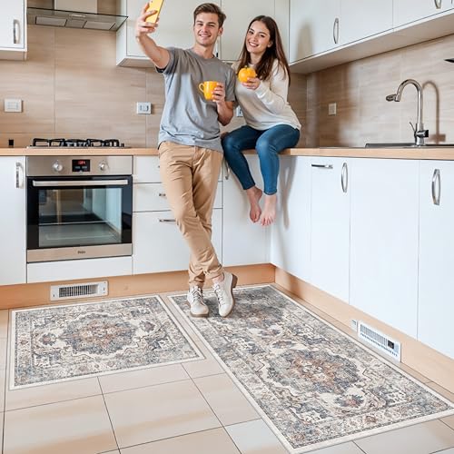 2-Piece Kitchen Runner Rug Set: Washable Non-Slip Floor Mats for Sink & Stove Cooking Area Soft Low Pile Water-Resistant Carpet for Dishwasher Fridge Fronts Durable Kitchen Island Mats(2x3+2x4,Brick) - color: Brick, size: 2x3+2x4