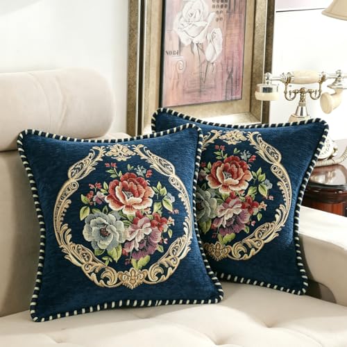 Set of 2 Blue Vintage Floral Throw Pillow Covers, Chenille Victorian Embroidered Cushion Covers for Sofa Couch, 18x18 Inch Square Decorative Pillowcases for Living Room,Bedrom - color: Blue
