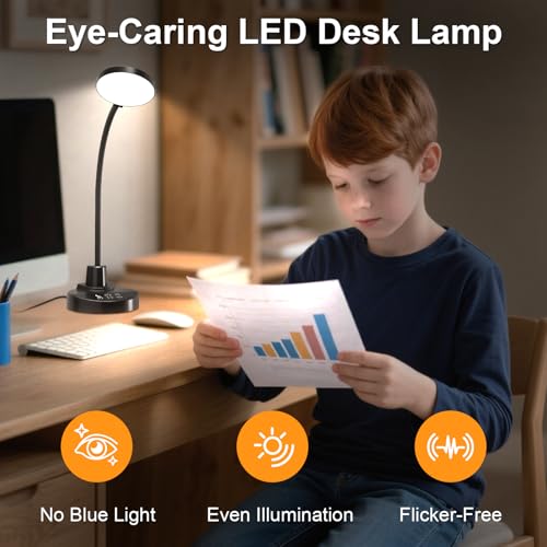 15W LED Desk Lamp with USB Charging Ports – Dimmable Table Lamp with 3 Color Temps, 5 Brightness, 4 Timers, Flexible Gooseneck Light with Base, Eye-Caring Reading Light for Home Office, Bedroom, Study - color: Black, size: 3.5'' Lamp