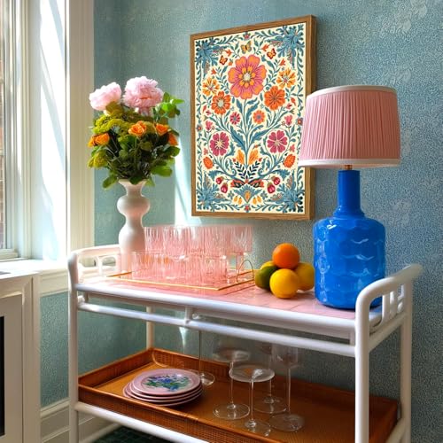 Framed Vintage Mexican Floral Canvas Wall Art, Colorful Folk Flower Wall Decor Pictures, Boho Botanical Painting Prints Rustic Home Decor for Living Room Bedroom 12x16 inch - color: Mexican Floral, size: 16"L x 12"W