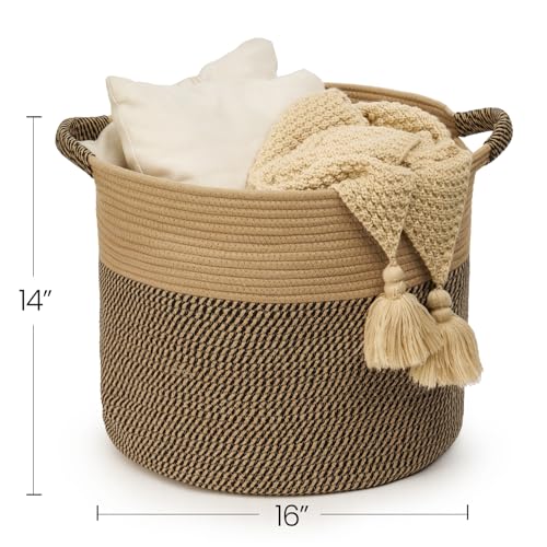 Blanket Basket (16" Dx14 H) - Round Woven Rope Storage for Living Room Throws, Pillows & Laundry- Jute/Mixed Black - color: Jute/Mixed Black, size: 16" X 16" X 14"