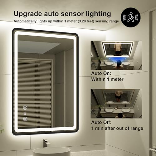 24x36 Inch LED Bathroom Mirror with Auto Sensor Lights, Black Framed Wall Bathroom Mirror, Backlit & Frontlit, Dimmable, Anti-Fog, 3 Colors, Memory Function, Smart Lighted Mirror for Vanity - color: Black-with Sensor Lights, size: 24"L x 36"W