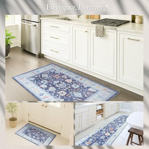 Fame Rugs Modern Oushak Rug 2x3, Vintage Turkish Navy Blue Oriental Antique Inspired Area Rugs, Washable Foldable Luxury Living Room Bedroom (388NB, 2' x 3') - color: 388nb, size: 2' x 3' (Doormat)