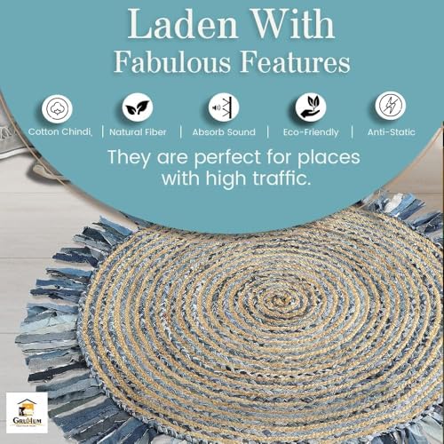 GRUHUM Jute Area Rug 6ft Round Natural Fiber Cotton Denim Blue Fringe Handmade Boho Soft Braided Rutic Vintage Eco Friendly Rug- Indoor Outdoor Kitchen Bedroom Living Hallways Enterways (6'ft Circle) - color: Denim Blue & Natural - 32, size: 6' (Round)