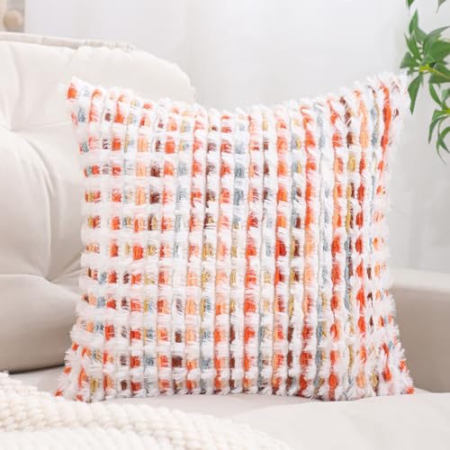 LUOYEHK Boho Throw Pillow Covers 16x16 Inch Set of 2 Chenille Tufted Pillowcase Farmhouse Neutral Cushion Covers for Couch Sofa Bed Living Room, Orange Red - color: Orange Red, size: 16" x 16" (Pack of 2)