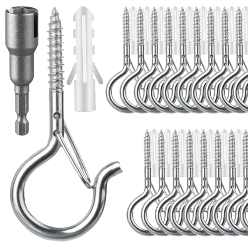 FSAH 36 PCS Q-Hanger Hooks, Screw Hooks for Outdoor String Lights, Safety Buckle Design Cup Eye Hook for Hanging Christmas Lights, Plants, Mounted on Wall Ceiling, Include 1 Wing Nut Driver, Silver - color: Silver, size: 36 Pcs